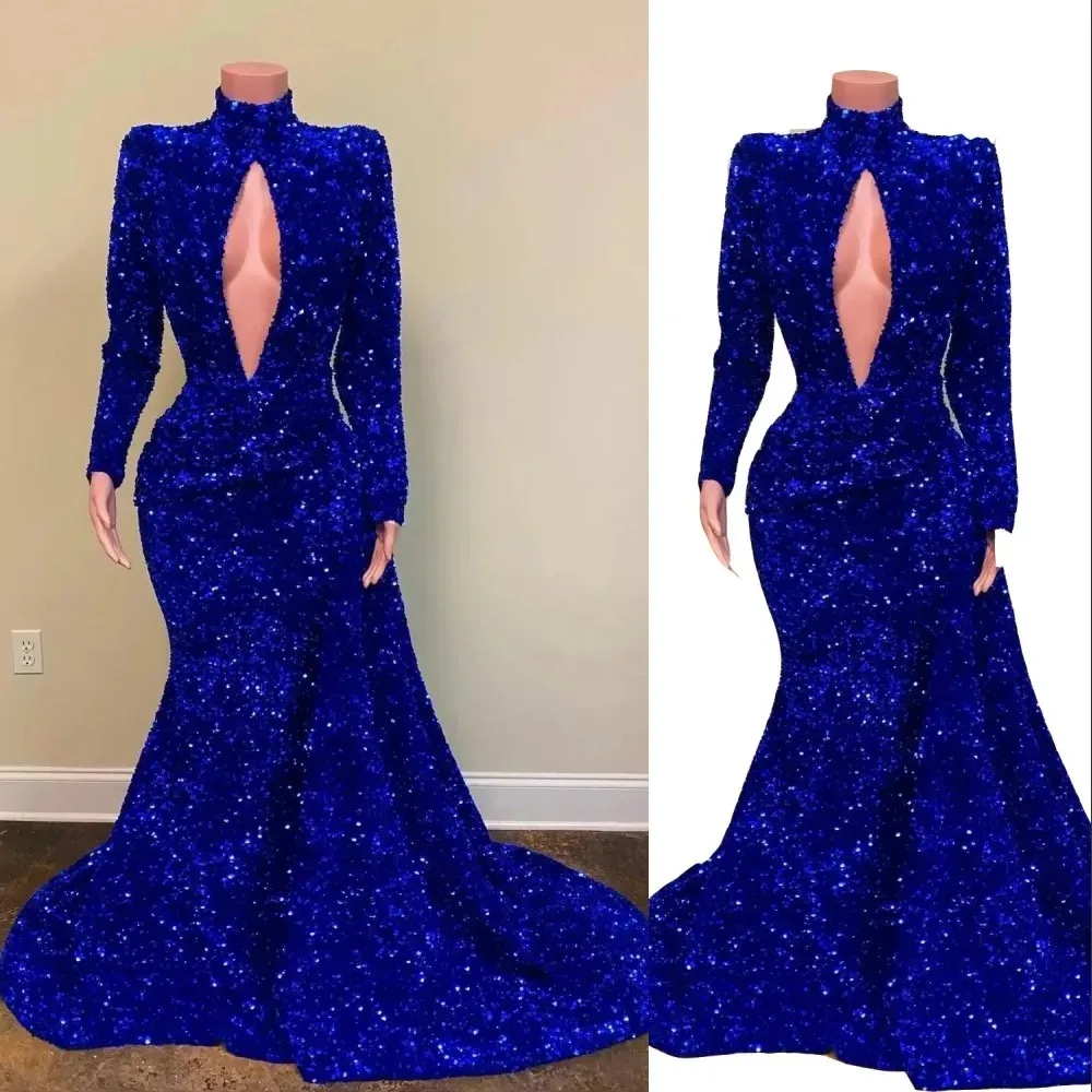 

Bling Royal Blue Evening Dresses Wear High Neck Keyhole Velvet Glittering Sequined Sequins Zipper Back Prom Gown Robes De Soirée