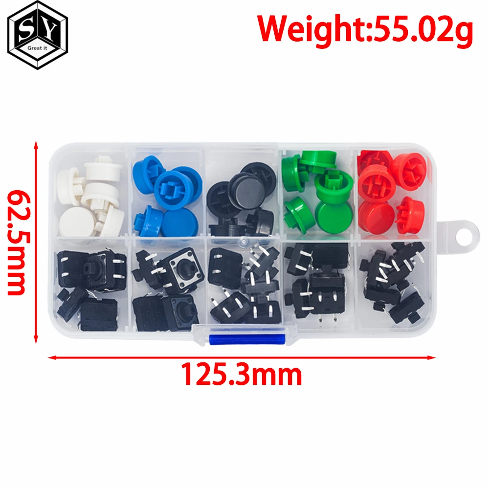 Tactile Push Button Switch 25PCS Tactile Push Button Switch Momentary 12*12*7.3MM Micro switch button + 25PCS Tact Cap(5 colors) for Arduino Switch