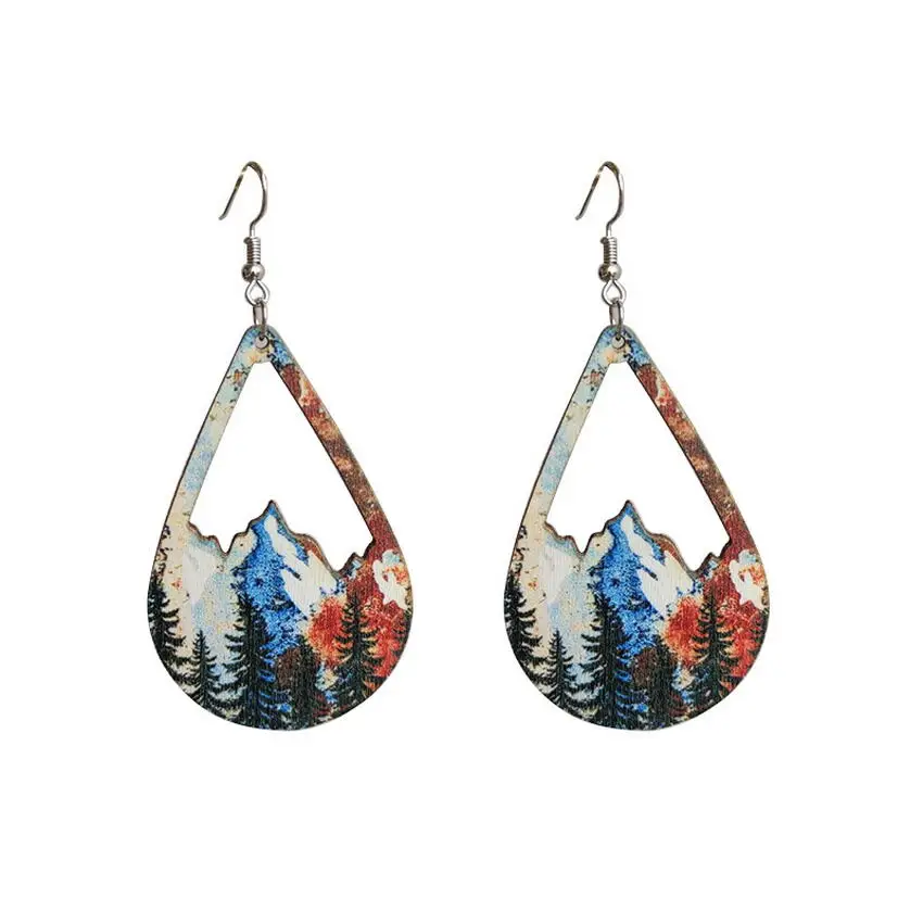 Snow Mountain and Forest Wood Teardrop Earrings for Women Vintage Cutout Wooden Earrings Fashion Jewelry Wholesale