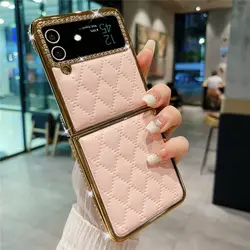 Luxury Gold Plated Diamond Leather Phone Case - Shockproof and Stylish Flip Cover for Galaxy Z Flip 4 (Xiaoyangpi Pink)