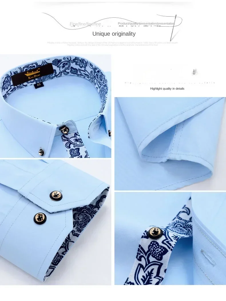 Description Picture 4 of itemClassic Cotton Casual Shirts Men Long Sleeve Shirt for Business Blue White Porcelain Collar Dress Shirt Fashion Korean Clothing