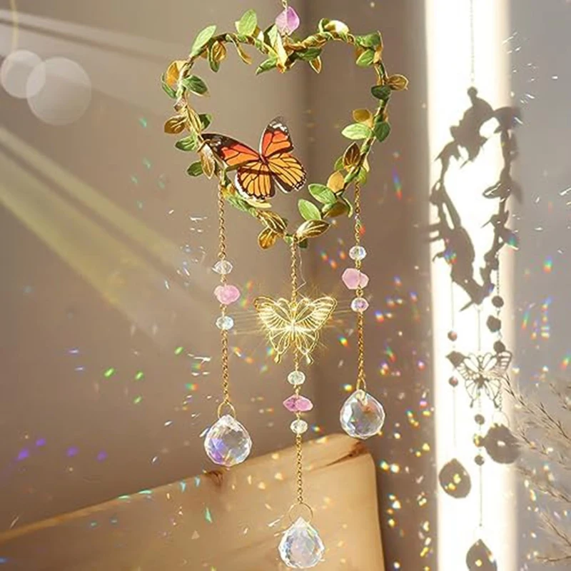 

Heart Suncatchers Window Hanging, Colorful Crystal Suncatcher With Butterfly, Crystals Light Catcher With Prisms Garden
