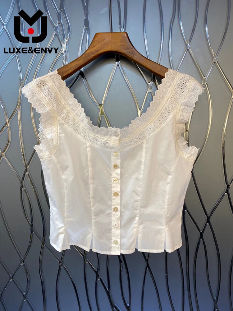 

LUXE&ENVY 2023 Spring/Summer New Women's Water Soluble Lace Panel Edge Button Sleeveless Versatile Tank Top 2023 Autumn