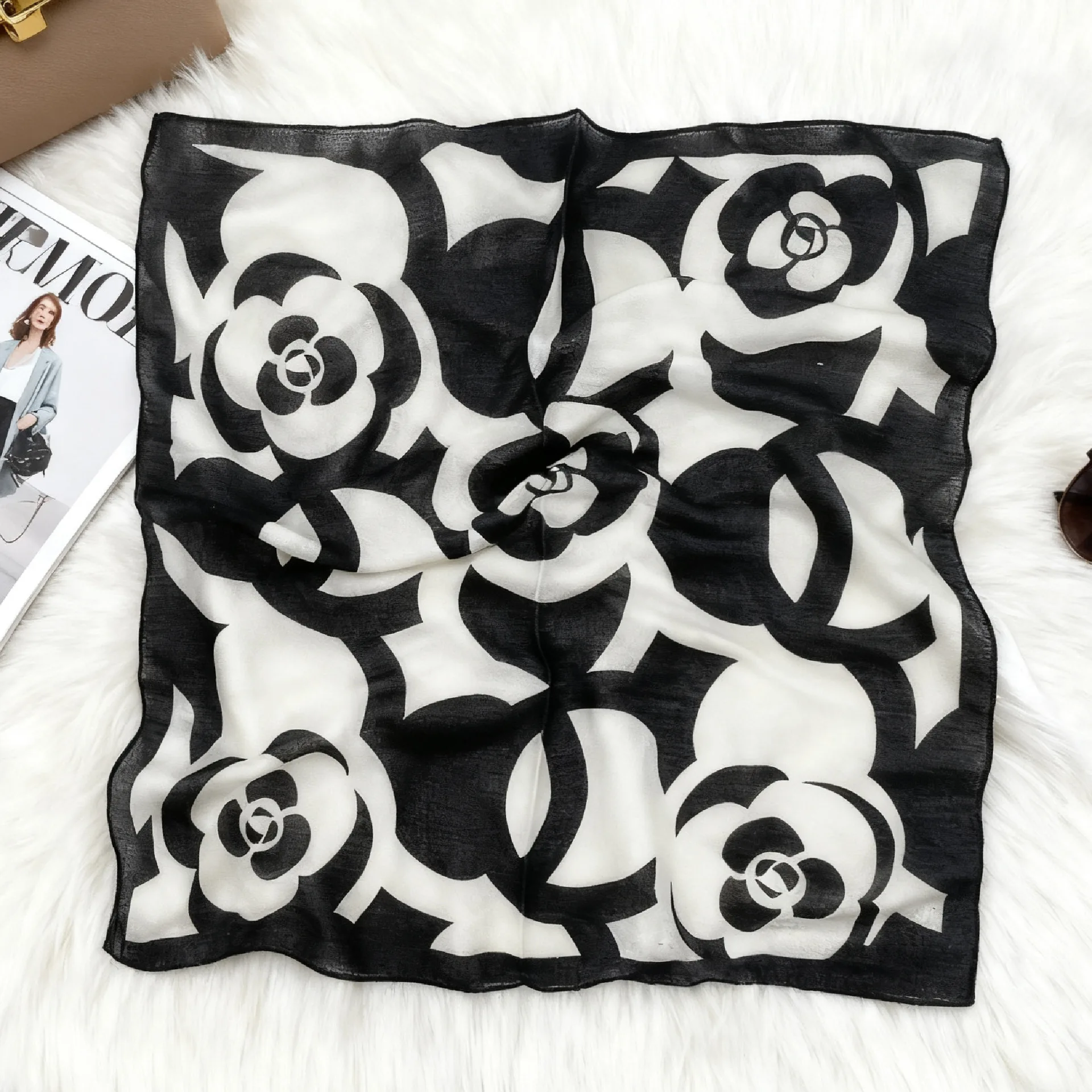 Reines Baumwoll-Seidenquadrat-Tuch mit Punkten für Damen, weiches Satin-Haarband, Halstuch, Hijab, Damen-Stirnband, Foulard, Taschenbänder, Kopftuch – Detail 7