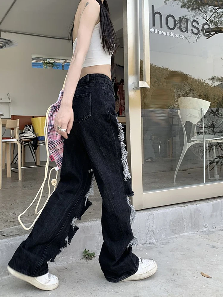 Zoki Hip Hop Hole Jeans Women Y2K Streetwear Harajuku Hollow
