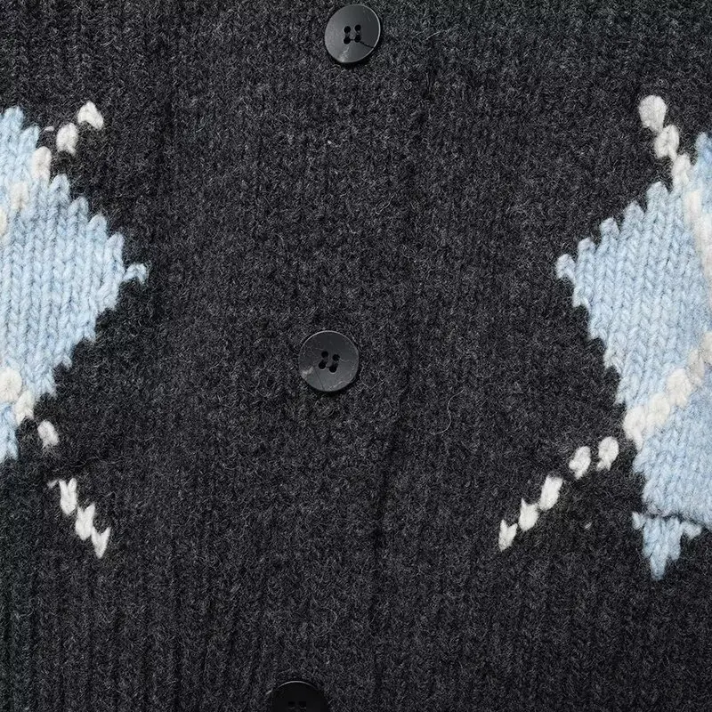 Women Gray Cardigan Sweater Coat Female Fashion Button V-Neck Long Sleeve Knitted Plaid Sweater Lady Street Short Cardigan Jacke