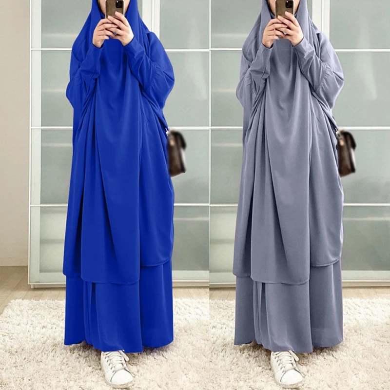 Muslim Sets One Pieces Prayer Clothing Long Hooded Smocking Sleeve Shirts Hijab Loose Maxi Skirts Elastic Waist Women Abaya Sets