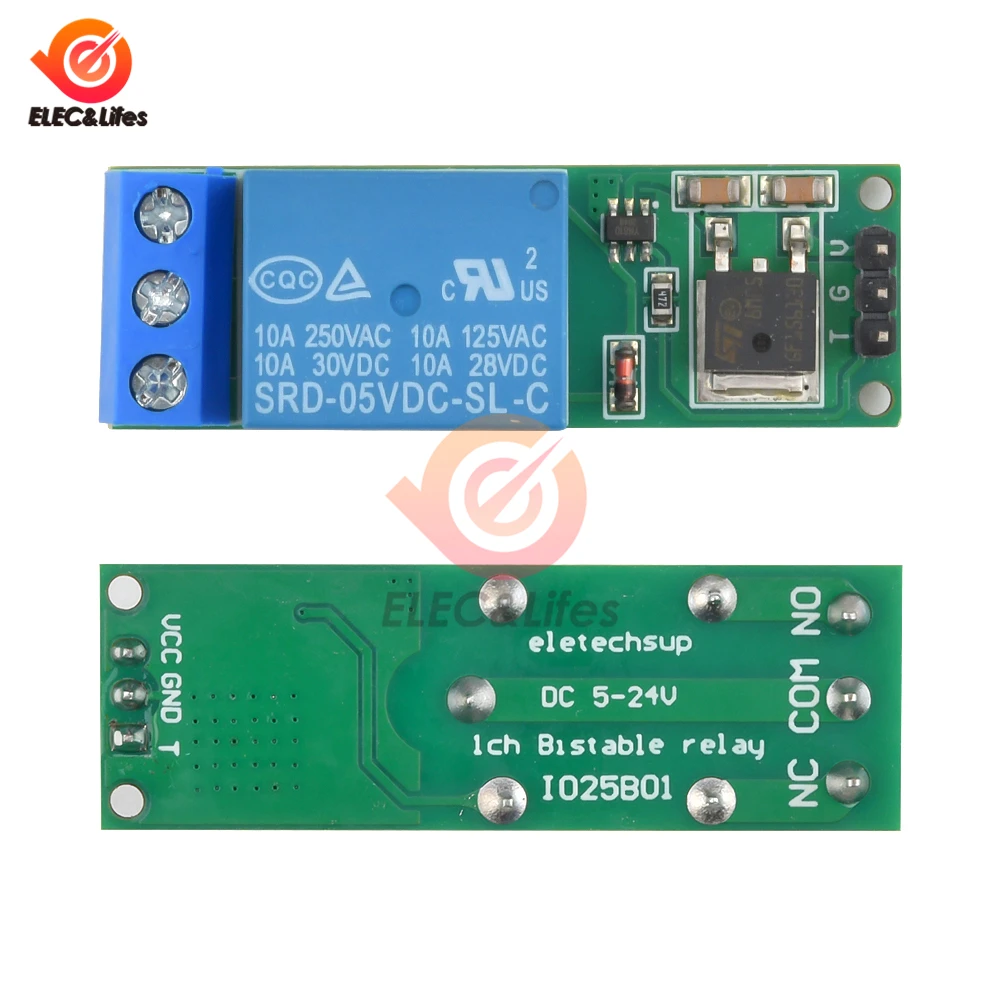 Trava Módulo de Relé Bistable Self-Locking Switch, Pulso Baixo Gatilho Board, Arduino Smart Home LED, DC 6V, 9V, 12V, 24V