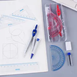 7 Pieces/Set Student Boxed Compass Set Ruler Protractor Lead Eraser Geometric Drawing Tools