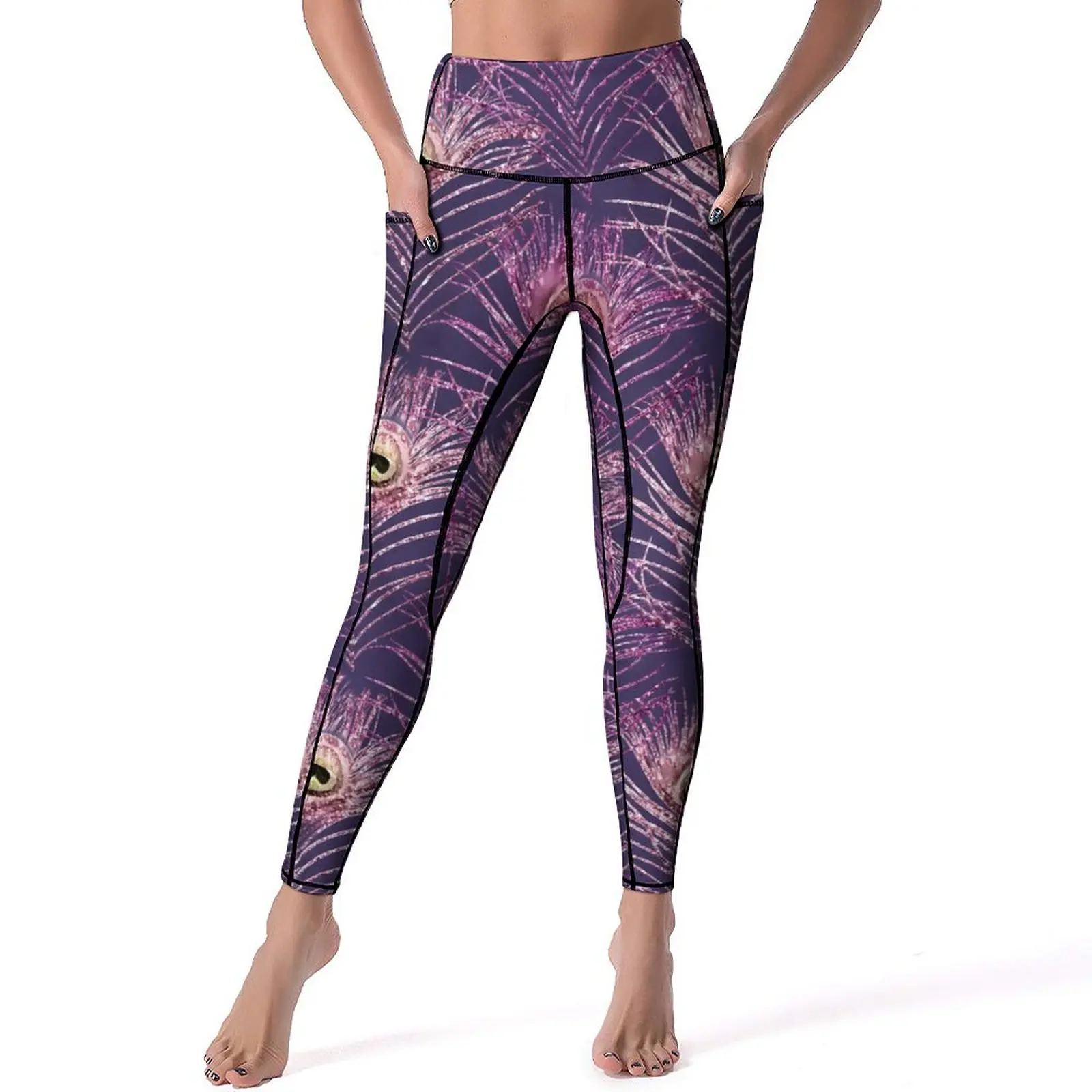 

Violet Peacock Feathers Leggings Pockets Animal Print Yoga Pants High Waist Fitness Yoga Legging Vintage Stretchy Sport Pants