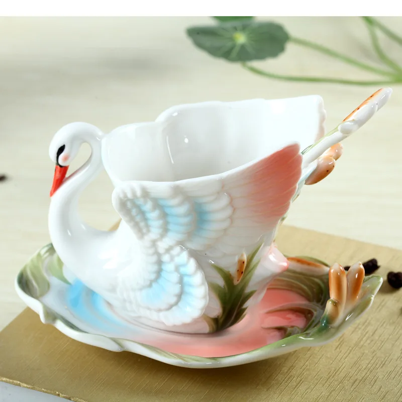 Swan Coffee Cup With Saucers Spoons Colored Enamel Porcelain Mugs ...