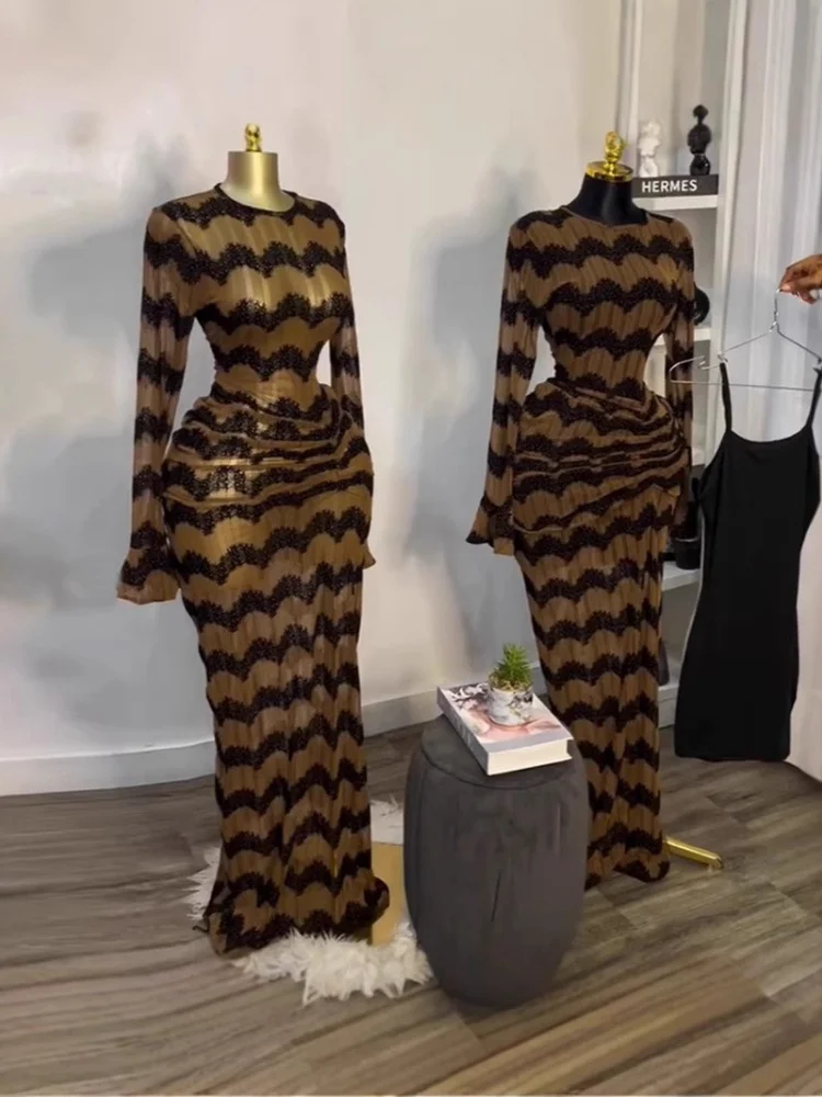 Wmstar Dress Women Wholesale 2025 Cross Border Striped Long Sleeved High Waisted Sexy Vacation Two Pieces Including Innerwear