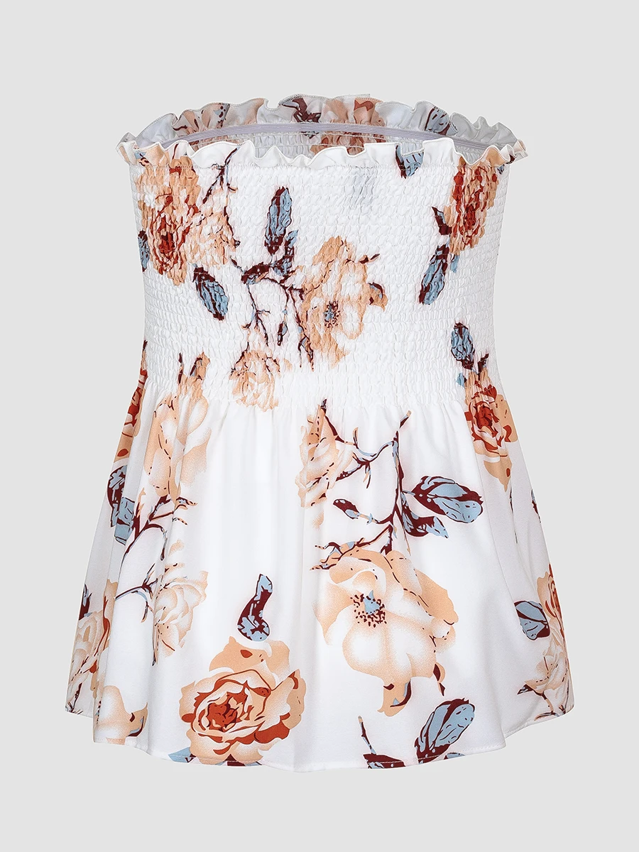 Finjani Floral Print Shirred Crop Tube Top & Blouse women's Ruffle Hem Plus Size Tops