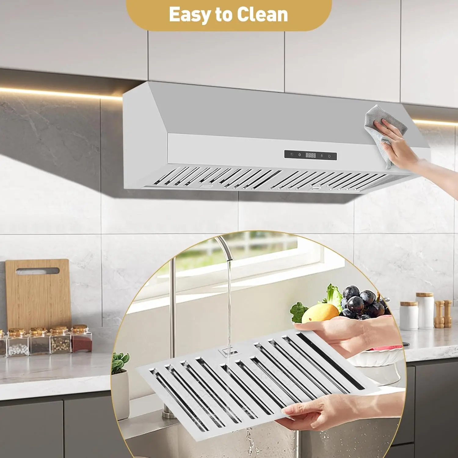 30 Inch Range Hood Under Cabinet, Stainless Steel Kitchen Range Hood with 3 Speed Touch Control, 400 CFM Suction Power, Silver