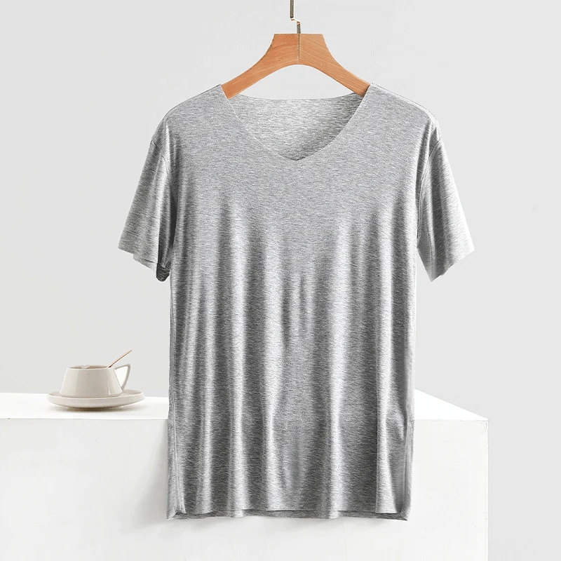 여름 남성 아이스 실크 모달 V-neck 짧은 소매 티셔츠 플러스 사이즈 이음매없는 내복 셔츠 다용도 겉옷 얇은 탑