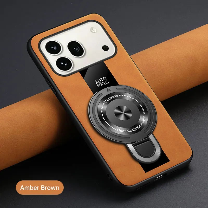 Leather Magnetic Ring Stand Case, Anti-Fall Protection Cover