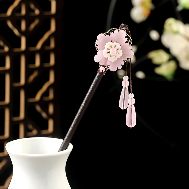 Plum Blossom Handmade Coiled Wood Hair Fork Stick Vintage Crystal Flower Hair Pins Clip Women Chinese Banquet Hair Jewelry Tiara
