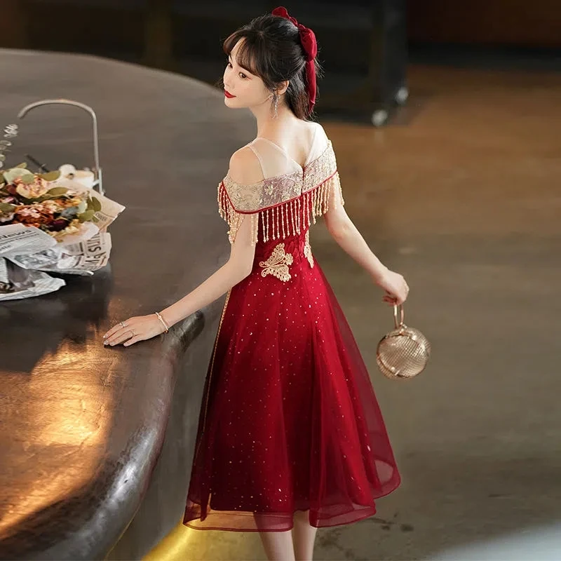 Bridal Dresses 2022 New Autumn and Winter Wine Red Temperament Chinese Wedding Dresses Wedding Engagement Dresses Lady