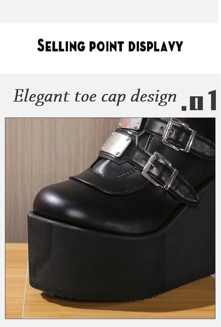 New Women's Cosplay Boots Multi-row Belt Buckle Long Tube Leather Knight Boot Punk Gothic Classic Black High Heel Shoe Knee-High