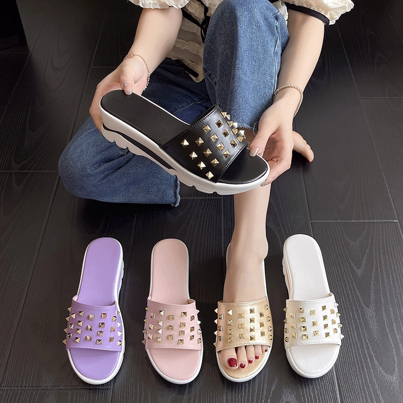 LazySeal Wedge Slides Rivet Decoration Women's Wedges Beach Casual Female Platform Peep Toe Shoes Plus Size 43 Slipper Sandalias