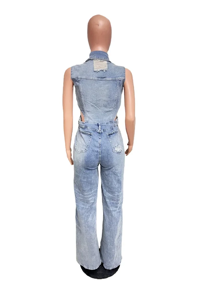 Wmstar Women Jumpsuit Sexy Revealing Waist Tight Waist Slim Fit Elastic Straight Tube Loose Wash Denim Wholesale Dropshipping