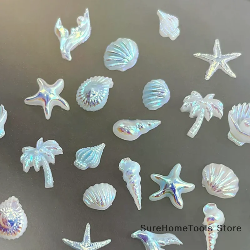 12 Grids/Box Aurora 3D Nail Charms - Shell Starfish Mermaid Tail Oceanic Accessories for Dreamy Manicure & Nail Art Design
