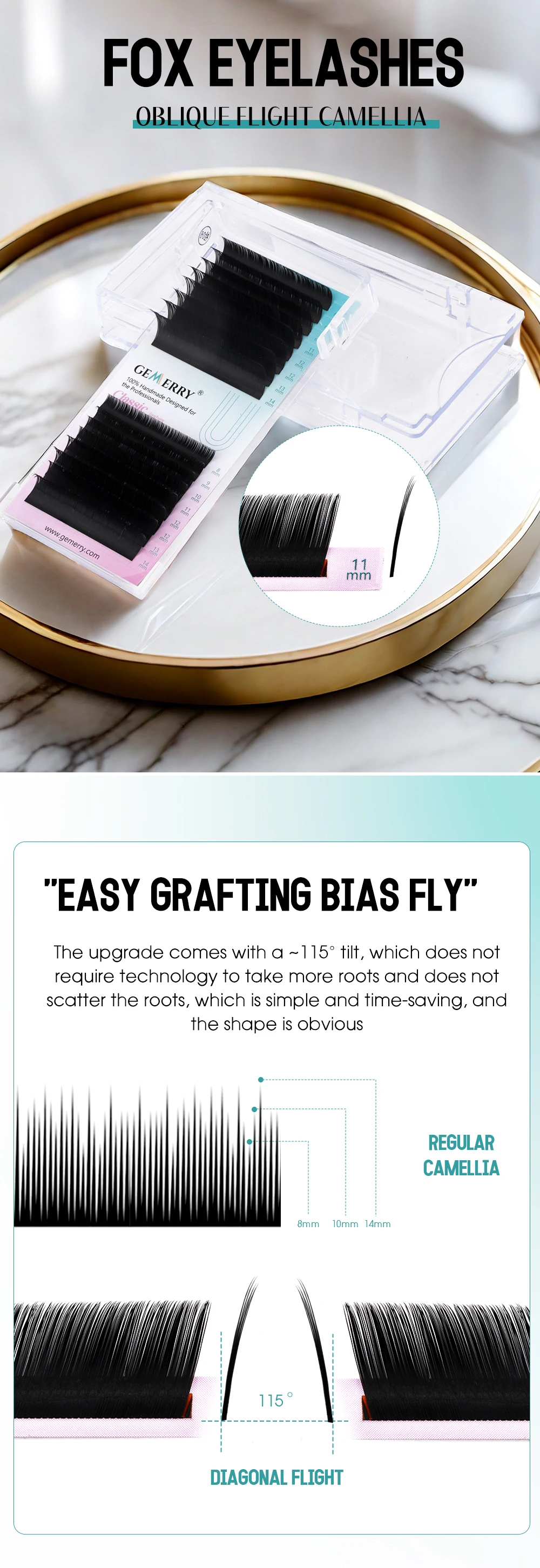 Description Picture 2 of itemGemerry LC Curl Camellia Fox Lashes Extension Soft Easy Fan Lashes With Tilted 115° False Eyelash Drawer Box Matte Black Makeup