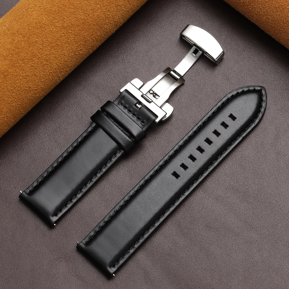 Luxurious Dark Brown Calfskin Leather Watchband with Butterfly Buckle