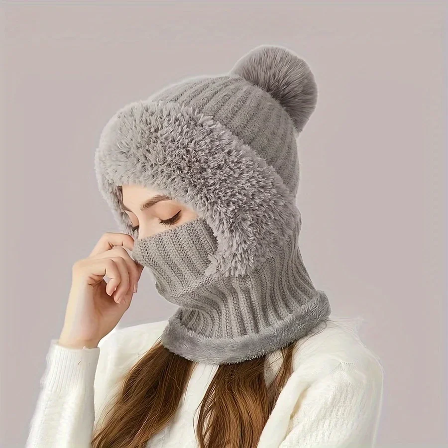 1PC Winter Hat with Ear Flaps, 3-in-1 Beanie Scarf Mask Set, Fleece-Lined Knitted Cap, Windproof Warm Acrylic for Cold Weather
