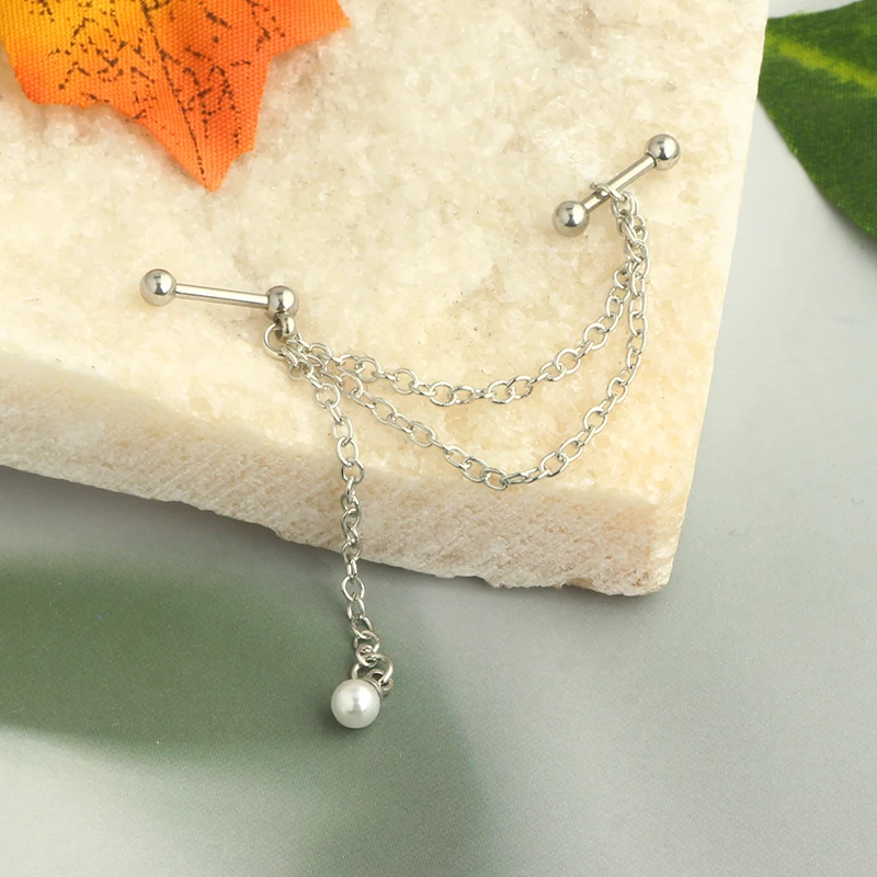 Stainless Steel Double Hole Chains Cartilage Back Stud Earring Ear Women Punk Hip Hop Helix Personality Piercing Jewelry Wholesa