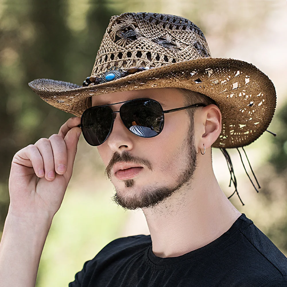 Sombreros de vaquero de paja para mujer, ventilados, huecos, redondos,  plegables, vaquera occidental, sombrero de playa, accesorios de fotografía