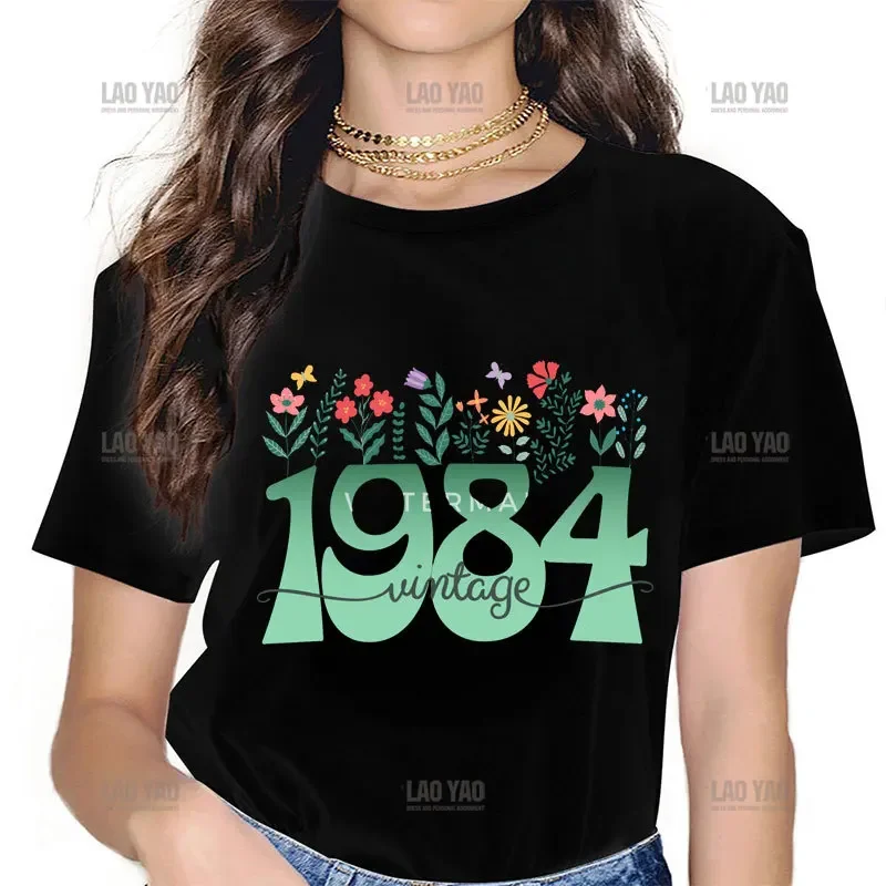 카와이 1984 만화 꽃 프린트 티셔츠, 39 세 생일 티셔츠, 여름 패션, O-넥 캐주얼 티셔츠, 여성 의류 