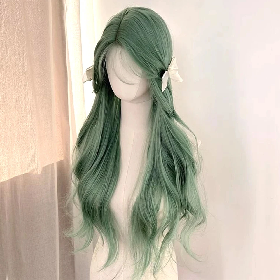 Green Synthetic Wavy Wig with Bangs for Women Daily Use