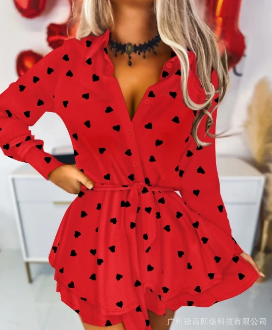 Women's Mini Skirt Love Printed Shirt DressTemperament Commuting Female Fashion Double Layered Collar Casual Short Romper