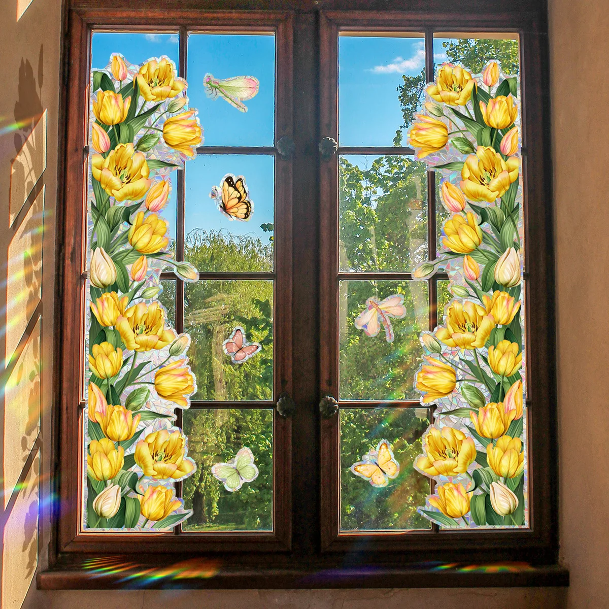 Stained Glass Decorative Stickers Sunlight Catcher Window Door Film Static Cling 3D Yellow Flowers Stickers Home Decoration window film window stickers