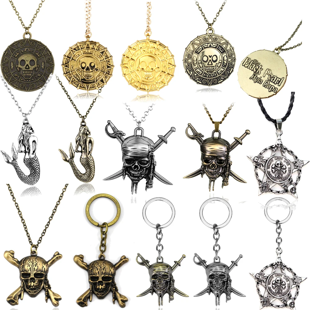 Movie Pirates Of The Caribbean Necklace Jack Sparrow Aztec Skeleton Skull Heads Pendant Coin Medallion Vintage Jewelry wholesale