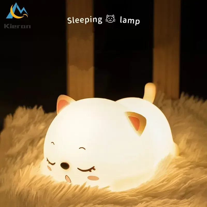 Lovely Cat USB Rechargeable Silicone LED Night Light Bedroom Bedside Floor Lamp with Remote for Kids Baby Gift Touch Sensor Lamp
