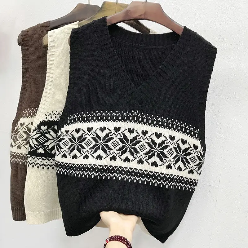 

Autumn Basic V Neck Sleeveless Cropped Patchwork Sweater Vest Loose Knitted Pullover Vintage Preppy Style U1332
