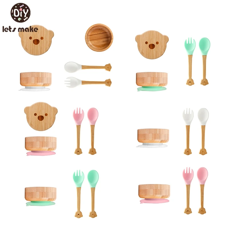 

Let's Make Baby Feeding Bowl Dinner Plate Bamboo Cartoon Bear Silicone Suction Plate Feeding Dinnerware Infant Tableware Set