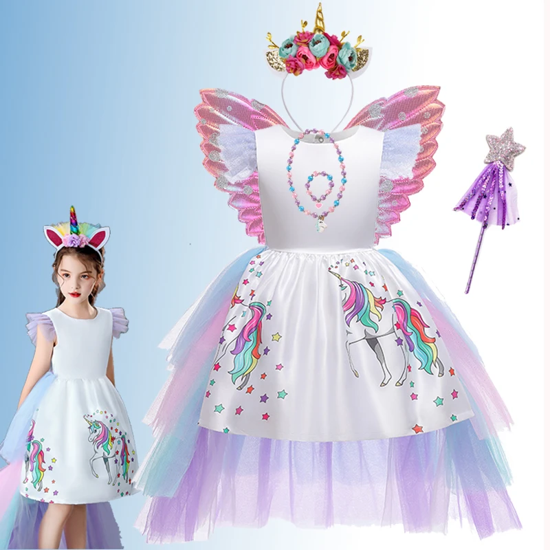 

Kids Summer Lace Sleeve Costume Unicorn Wings Necklace Wand Princess Party Longtail Carpet Evening Dress Cosplay Charm Vestidos