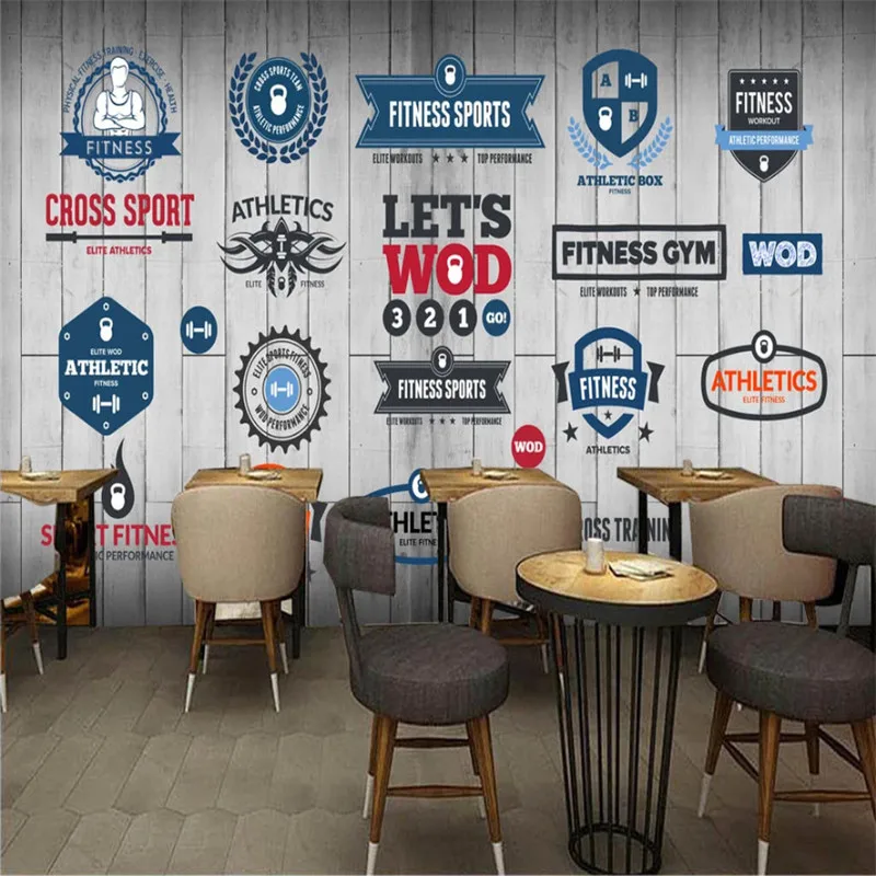 Retro Wooden Board Sports Fitness Club Image Wall Background Mural Wallpapers Gym Industrial Decor Wall Paper Papel De Parede 3D