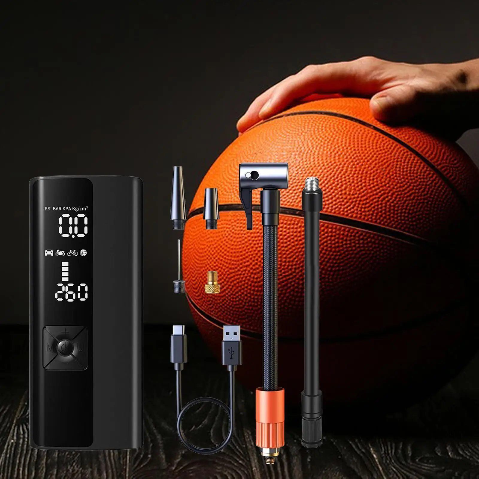 Compressore d'Aria Portatile con Luce LED, Pompa per Pneumatici Multifunzione a Gonfiaggio Rapido per Auto, Biciclette, Moto e Palloni
