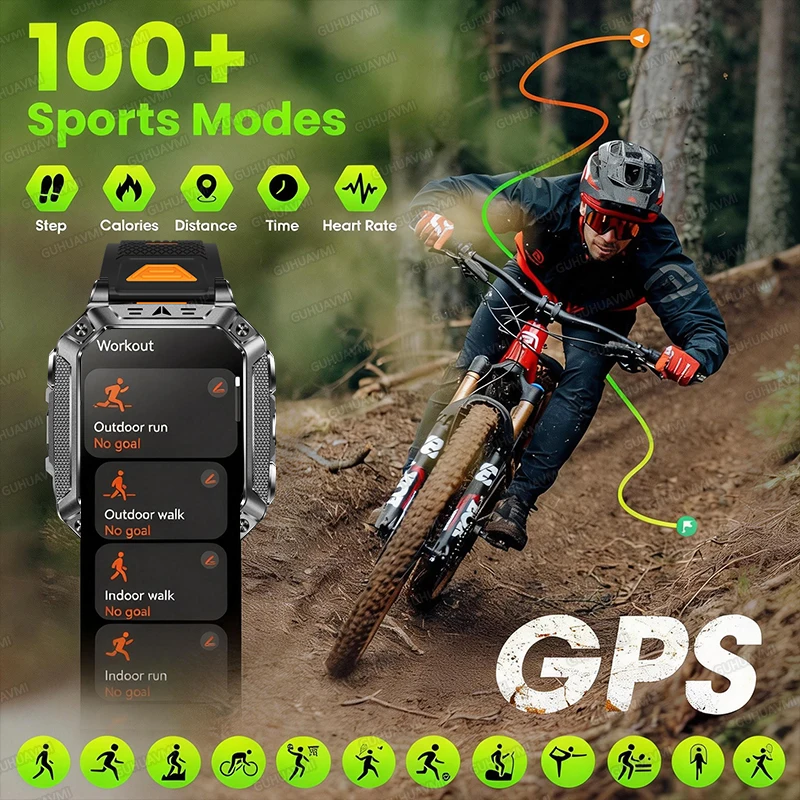 2026 HOT 업그레이드된 1400mAh 배터리 용량 스마트워치 남성용 아웃도어 GPS 트랙 5ATM 방수 HD 통화 SOS 플래시라이트 스포츠 워치