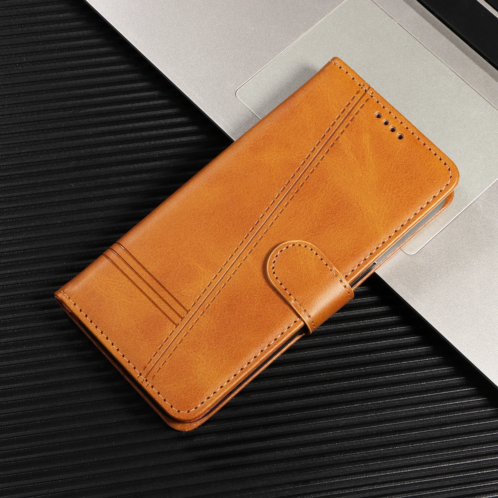 Retro Lines Leather Flip Wallet Case with Stand and Card Slot
