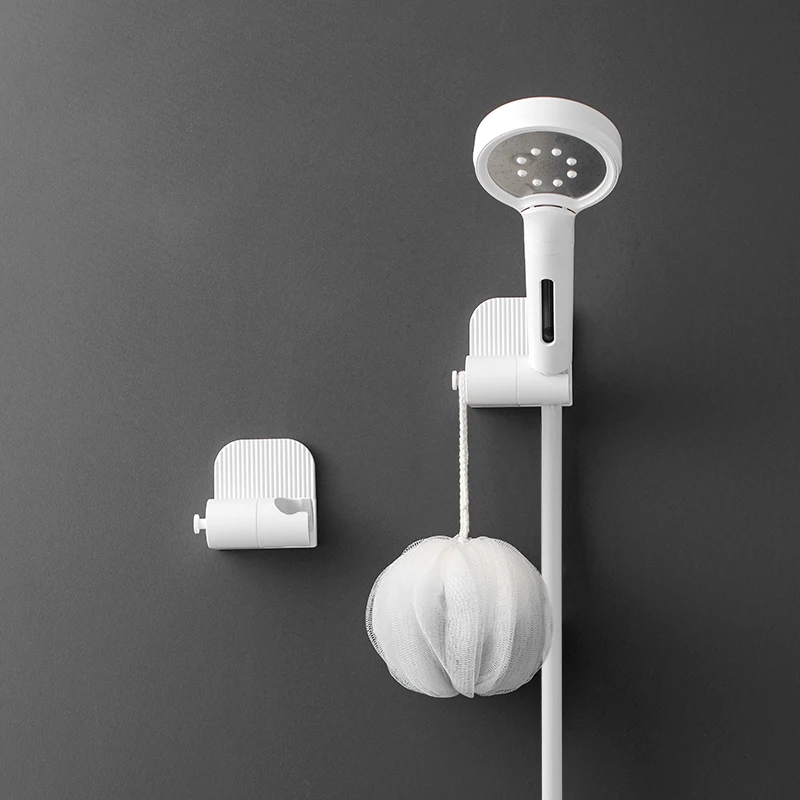Self-Adhesive Shower Head Holder with Storage Hook Wall Mounted Punch-Free ABS Plastic Shower Holder Bathroom Base White