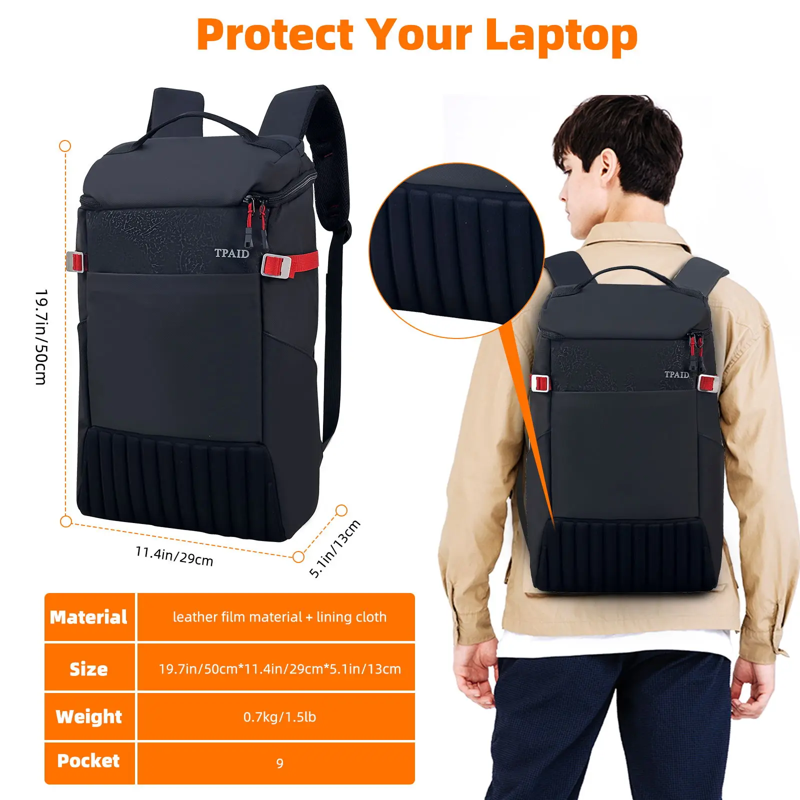 TPAID Fashion Men Business Laptop Backpack Waterproof 19.7 inch Large Capacity Travel Bag Flap Pocket