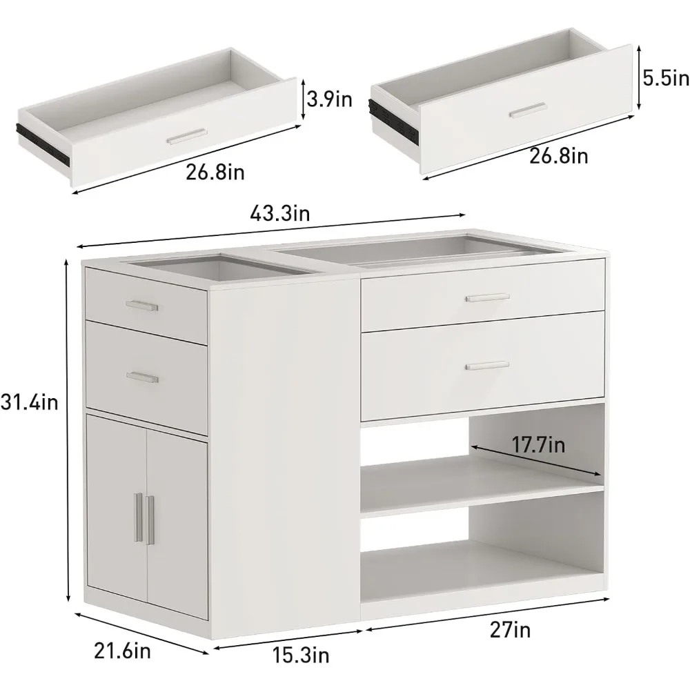 Bedroom Closet Island with Glass Top, White Wardrobe Closet Island with 6 Drawers, Island Dresser with Display Shelf & Storage 6