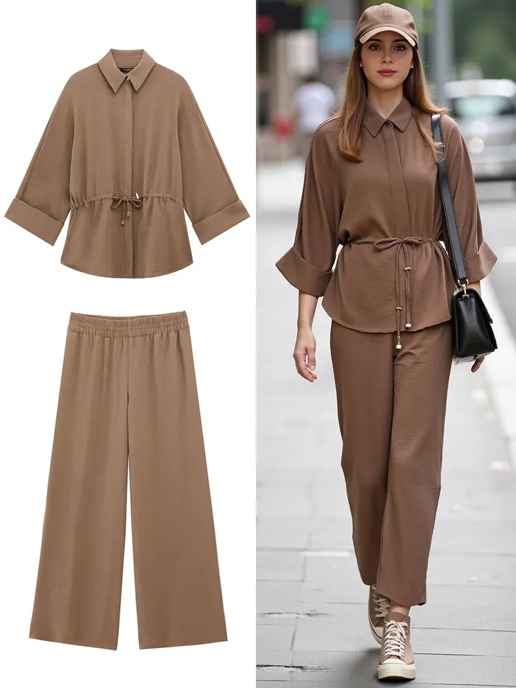 Women Kimono Style Blouse Pants Long Sleeve Lace Up Loose Shirt Casual Elastic Waist Spring Lady Outfit