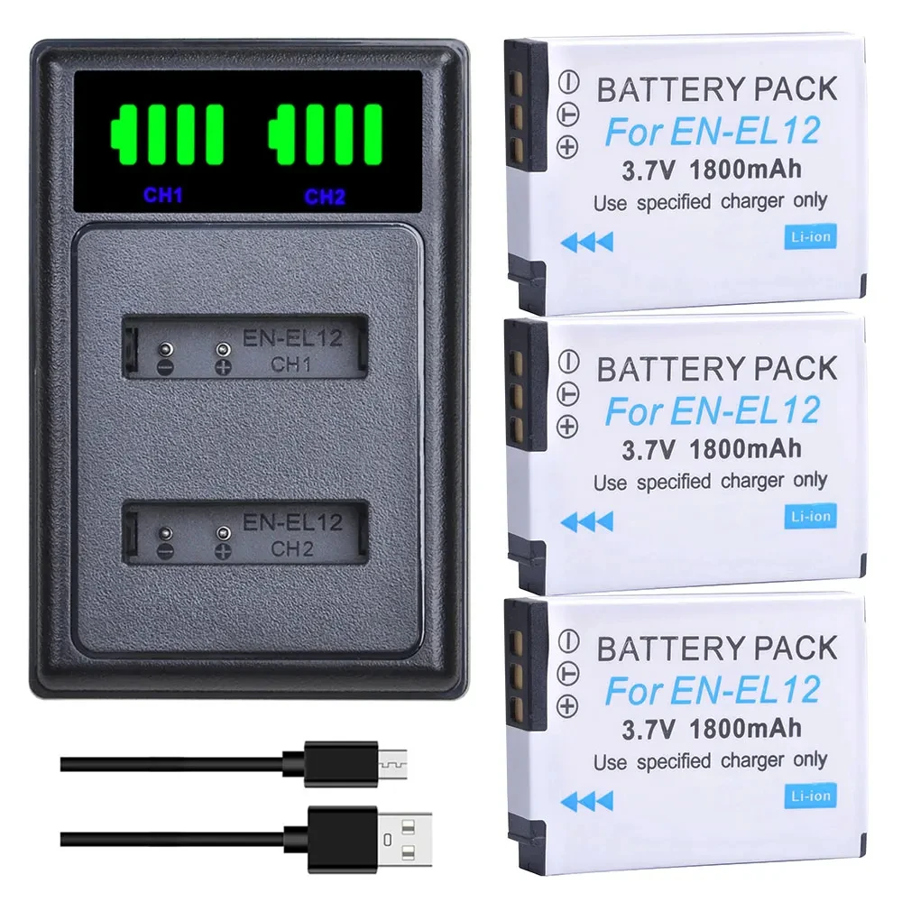 En El12 En-El12 1800Mah Batteria + Led Usb Dual Charger Per Nikon Coolpix S9700 S9500 S9400 S9300 S9100 S8200 S8100 W300