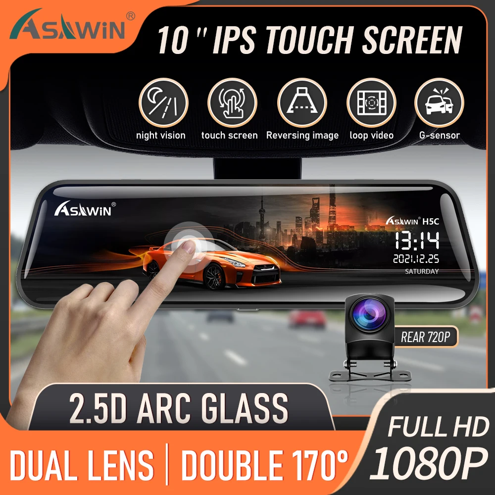 Asawin H5c 1080p 10 Inch Mirror Dashcam Dual Lens Car Dvr Touch Ips ...